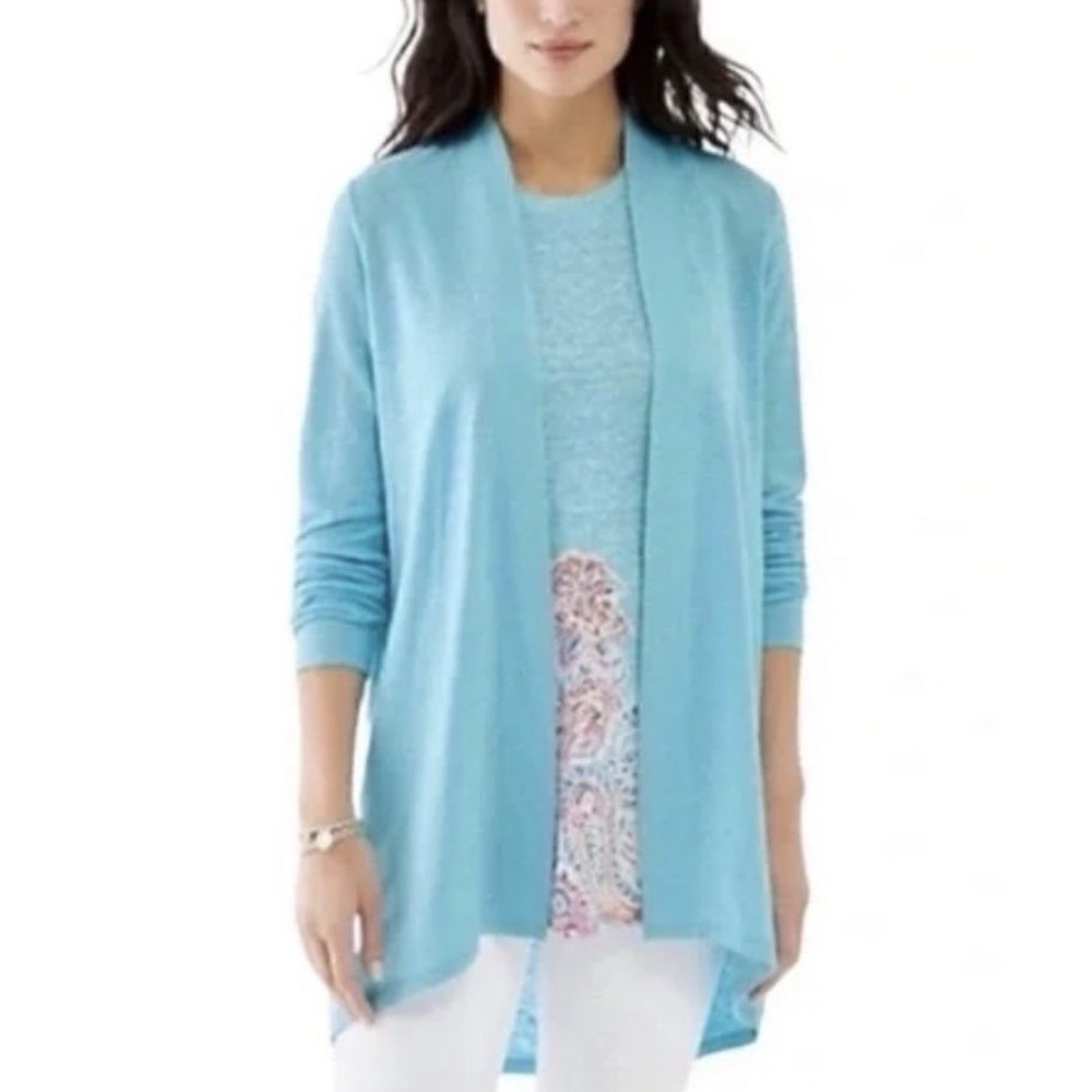 J.Jill Island Blue 100%Linen Twinset L Relaxed Portofino Cardi Paisley Knit Tank